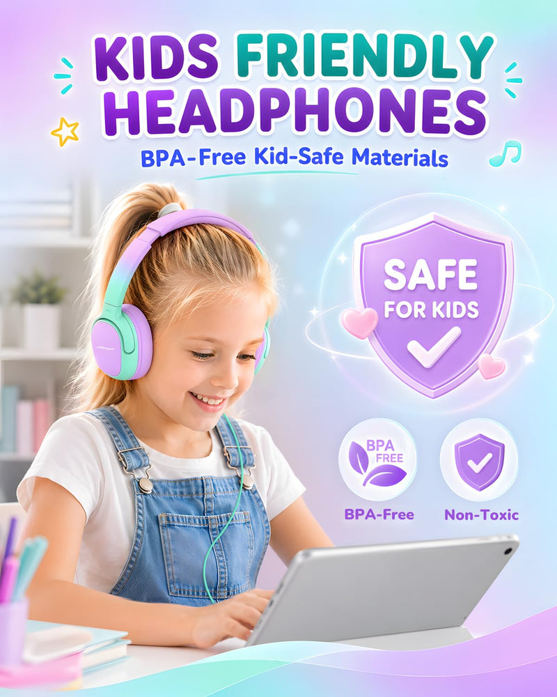 Kids Headphones with Safe Volume Limited for School Travel (GreenPurple) | 3.5mm Wired, Foldable, Stereo Sound On-Ear Headset for iPad Computer Boys Girls GreenPurple