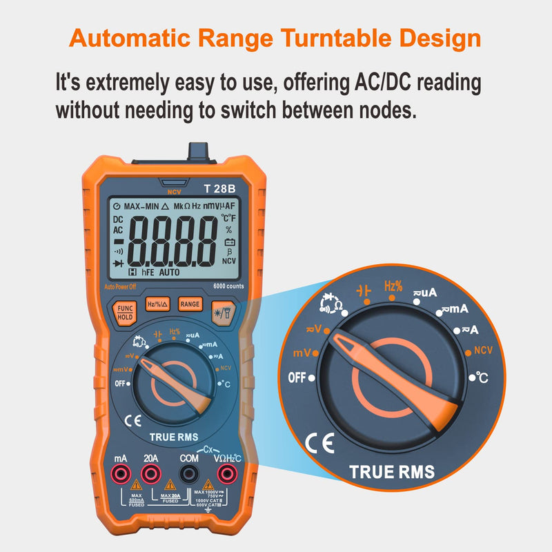 True RMS Digital Multimeter Tester, Auto-Ranging AC DC 20A Ohmmeter 1000V Voltmeter with NCV, Measure Voltage Current Amp Resistance Diode Continuity Duty-Cycle Capacitance Temperature, for Home Auto up to 1000V/20A