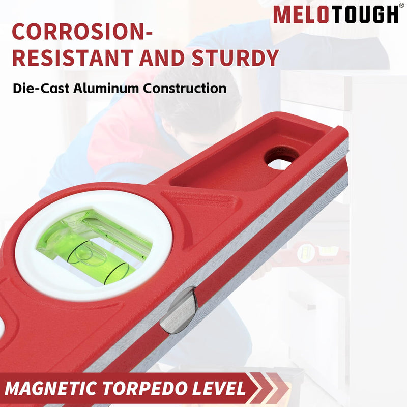 MELOTOUGH 10 Inch Die-Cast Magnetic Torpedo Level,Magnetic Level for Carpenter,Construction,Scaffolding, Plumbing Torpedo Level with Rare Earth Magnet,Pencil and Holster,Red,2PCS Red-2PCS