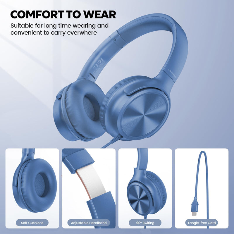 Cowyawn USB C Headphones Wired, Over Ear USB C Wired Headphones with Microphone, Volume Control, HD Stereo Sound, Foldable USB Type C Headphone for Adult/Teens/Laptop/Computer/iPhone 15/16/17, Blue