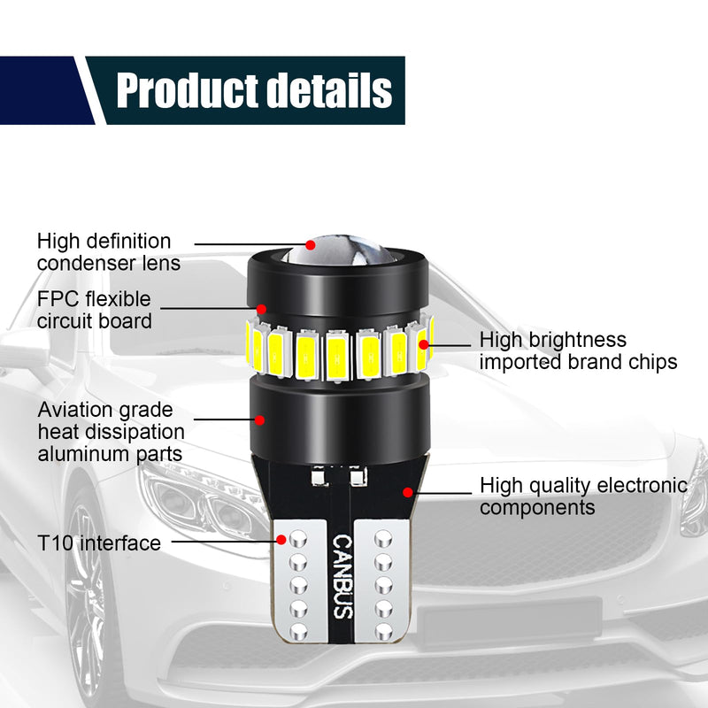 ZKFAR 2 PCS T10 LED Bulbs, 18SMD 3014 1SMD 3030 Chipset, 155 Lumens Super Bright Light 6500K White Light, Car LED Width Light Side Marker Light