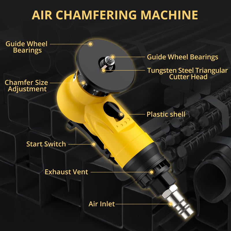 AMTOVL Pneumatic Chamfering Tool - Mini Air Chamfer Tool with 6 C-Angle & 6 R-Angle Blades, 45° 30000 RPM Chamfering Tool for Metal and Wood with 1/4" Air Inlet Yellow