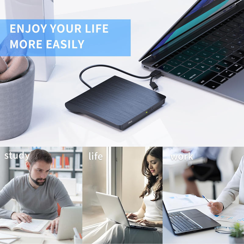 2 in 1 External CD DVD Drive, USB 3.0 and Type-C Disc Reader Burner Player | Optical Drive for PC Laptop Desktop MacBook Mac Windows Linux OS Apple Dark Black