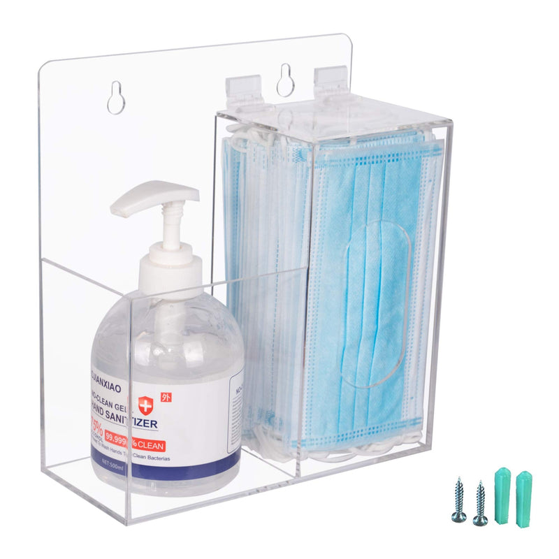 Acrylic Mask Dispenser & Hand Sanitizer Holder Stand Wall Mount or Countertop, Hygiene Station with 2 Compartment Clear Box Dispenser Holder for Face Masks, Gloves, Hairnets, Spray Bottle