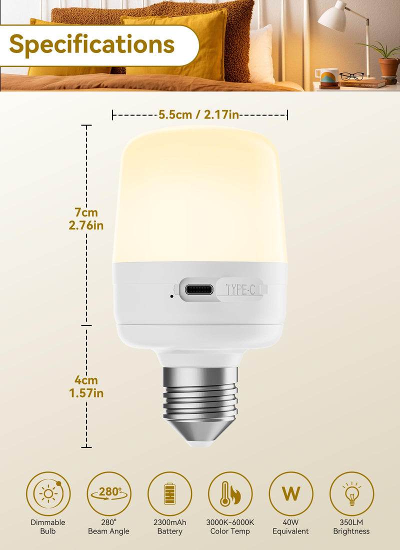 Minetom E26 Rechargeable Light Bulbs with Remote and Timer, Battery Backup Bulb with 12 Colors and Brightness Dimmable, 2300mAh 40W Equivalent LED Light Bulbs for Lamps Sconces Camping, 4 Pack