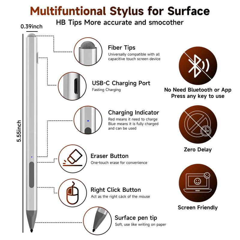 Surface Pro Stylus Pen for Surface Pro 12/11/10/9/X/8/7/6/5/4/3 - USB-C Fast Charge, 4096 Pressure Sensitivity, Palm Rejection & Magnetic Attachment, Works with Go/Book/Laptop/Studio