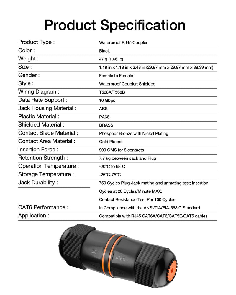 VCELINK CAT6A Waterproof Ethernet Coupler IP68 Short Profile, Female to Female Outdoor RJ45 Connector Shielded, Network Cable Extender 10Gbps for CAT6A/CAT6/CAT5E/CAT5 Cables 6-Pack, 3.23in