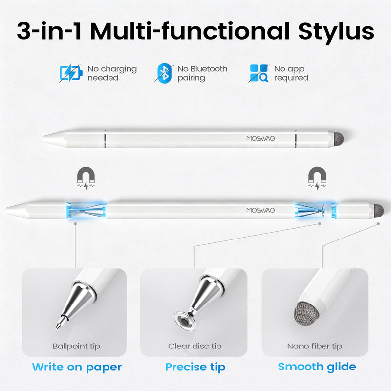 MOSWAG 3 in 1 Touch Screen Stylus Disc Fine Tip Passive Drawing Stylus | for Video Editing,Drawing, Note Taking, Gaming, Works on Touchscreen Compatible with Smartphone Tablet and More White 1 Pack