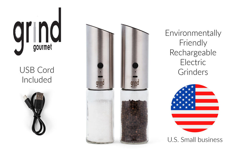Grind Gourmet Automatic Electric Salt or Pepper Grinder Mill, USB Rechargeable, Adjustable Coarseness, One-Handed Operation, Stainless Steel