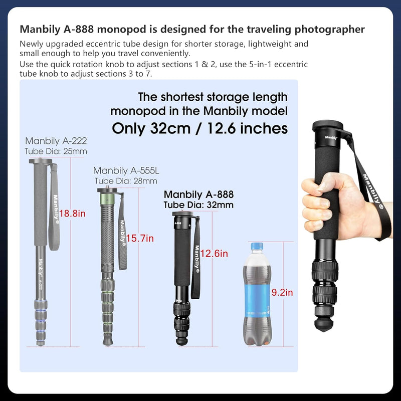 A-888 Camera Monopod, Length 32cm - 156cm, Aluminum Monopods for Cameras 7 Sections, Compact Travel Portable Selfie Stick for DSLR Smartphone Concert Festival