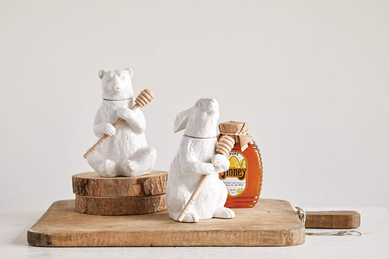 Creative Co-Op White Bear Shaped Honey Pot with Lid & Bamboo Dipper 202.9 Ounces