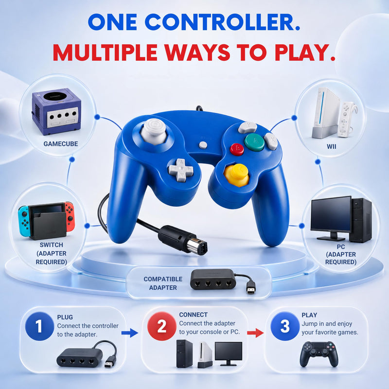 Hopevry 2 Pack Gamecube Controller | Wired Controller for Wii & Gamecube | Red & Blue Wii Classic GameCubes Controller