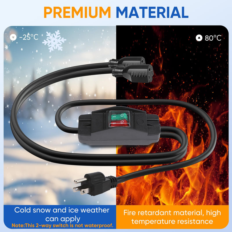 2-Way Extension Cord Splitter with On/Off Switch, Heavy Duty 3-Prong Extension Cord with Switch, Y-Splitter,14AWG 15A/125V & 18AWG 10A/125V, Switched Splitter Extension Cord 1 to 2 Outlet(6FT) 6FT