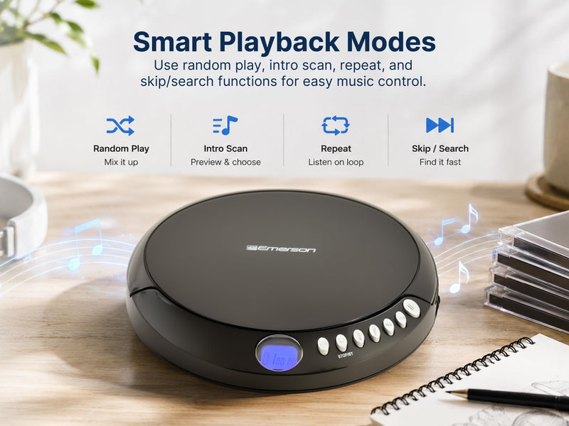 Emerson EPCD-2003 Portable CD Player with FM Radio, Bluetooth 5.3 AudioStream™, 60-Second Anti-Shock, 20-Track Memory, LCD Display, Dual Power (Micro-USB/Battery) & Earphones Included Gray