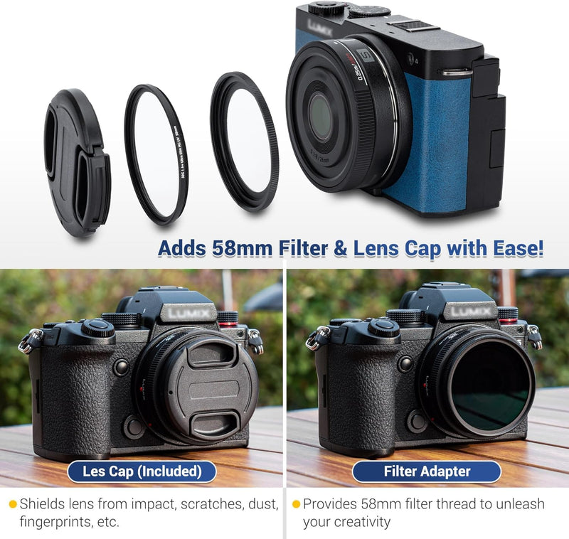 JJC 58mm Metal Filter Adapter for Panasonic Lumix S 26mm F8 Lens (Leica L) Lens, Filter Adapter Ring + Lens Cap Cover kit for Lumix S 26mm F/8 S-R26 Pancake Lens, Compatible with 58mm Filter Lens Cap 58mm Filter Adapter + Lens Cap