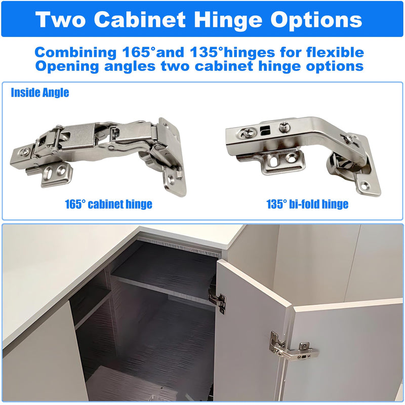 2 Pair 135 Degree & 165 Degree Frameless Cabinet Doors Hinges | Kit for Pie Corner Cabinets,Hidden Lazy Susan, Clip On, Smooth Slow Close, Concealed Mount for Bi-fold Door, Kitchen Cupboard silver-135° &165° 2