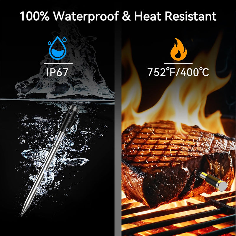 BFOUR Meat Thermometer Digital Wireless with LCD Booster, Bluetooth Food Cooking Thermometer with Smart App, 524FT Remote Range, 100% Waterproof & 752°F Heat Resistant Probe for BBQ Oven Grill Smoker Black