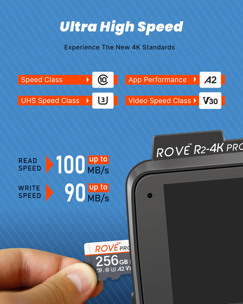 ROVE PRO Micro SD Card microSDXC 256GB Memory Card with Full-Size SD Adapter 100MB/s Read Speed, C10, U3, V30, 4K, A2 for Dash Cam, Android Smart Phones, Tablets, Games