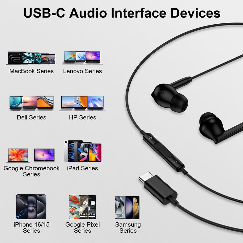 Samsung Wired Earbuds Ear Buds for Galaxy A17 A16 5G A06 A15 A57 A37 S26 | S26 Ultra S26 Plus S25 S24 S23 A56 A54 A36,USB C Headphones Earbuds in-Ear Type C Earphones Wired with Mic for iPhone Black