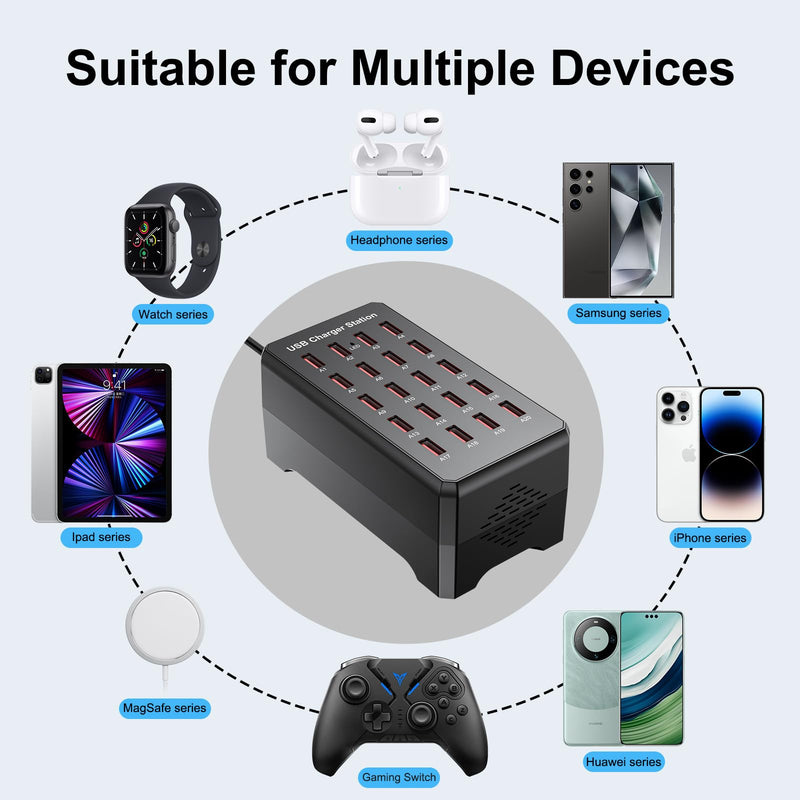 100W 20-Port USB Charging Station for Multiple Devices | USB Charging Hub Compatible with iPhone, Android Tablet and More-Desktop Charger for Home, Office & Entrepreneur