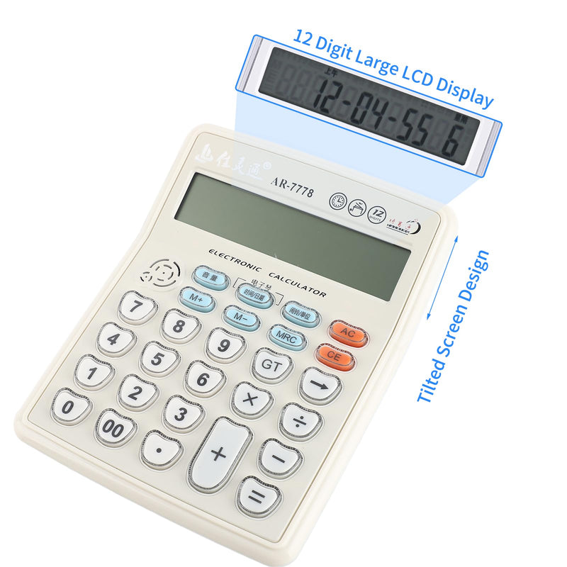 Electronic Desktop Calculator with Musical Function Big Buttons Calculator Time Date Display 12 Digits LCD Tilted Screen for Office Business Store