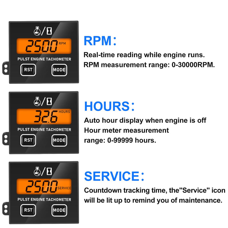  [AUSTRALIA] - Linkstyle Small Engine Tachometer, Backlight Digital Tachometer Tach Gauge Meter with Clip, Inductive Hour RPM Meter for 2 Stroke 4 Stroke Small Engine Black+RST+MODE+Backlight