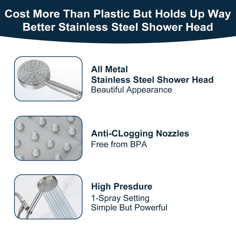 All Metal Shower Head with Handheld - 72" Long Hose, High Pressure Sprayer | Hand HeId Showerhead Spray, Solid Outdoor Showerheads and Brass Holder, Brushed Nickel