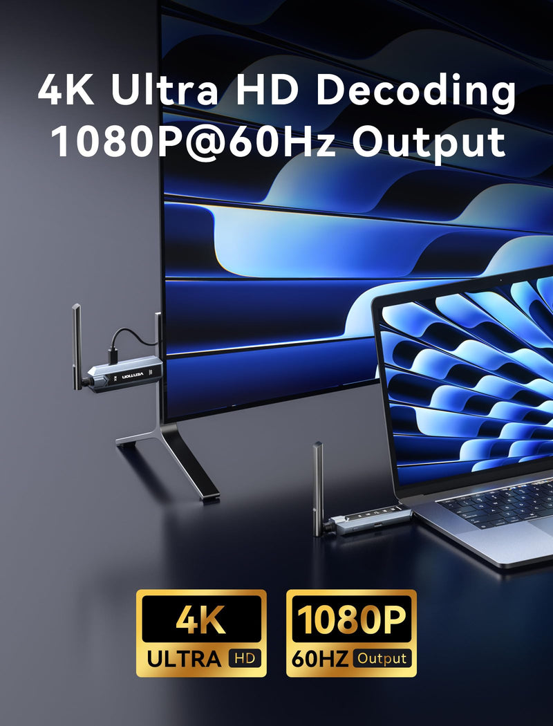VENTION Wireless HDMI Transmitter and Receiver 656FT/200M, 2.4G+5G Plug & Play Wireless HDMI Extender Kit 4K Decode for Video and Audio to Monitor from Laptop/PC/TV Box/Projector (1TX+1RX) 1TX+1RX