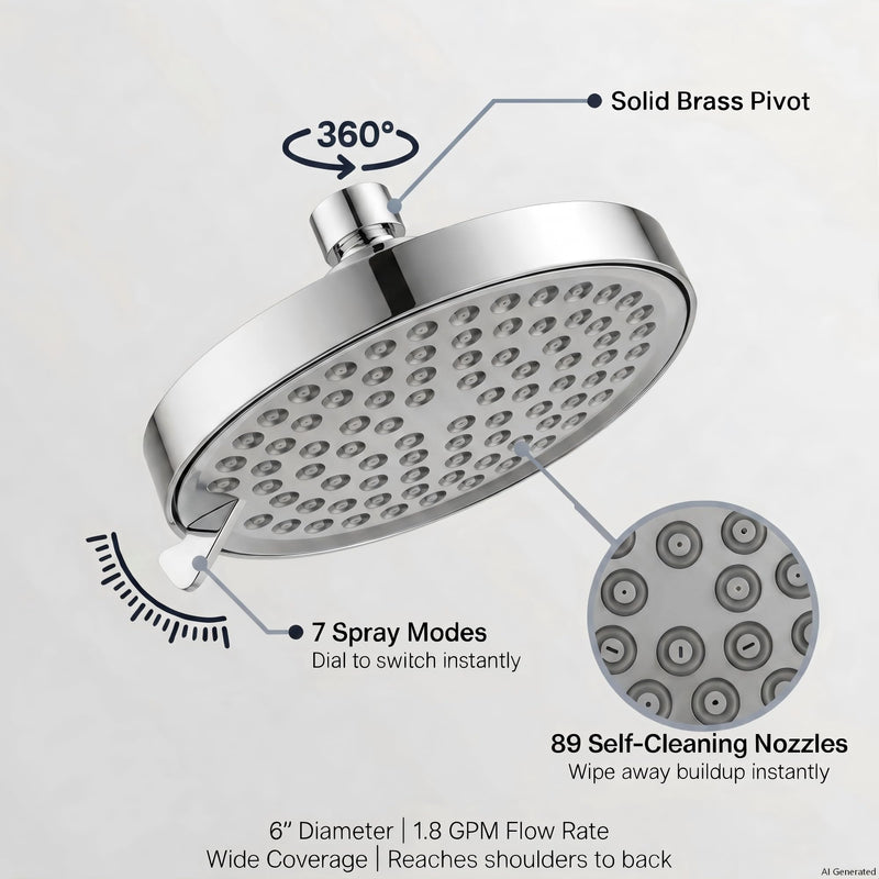 6" High Pressure Shower Head, 7-Setting Fixed Showerhead with Premium Adjustable Angle, Rainfall for Low Water Pressure Homes & Apartments, Self-Cleaning, Tool-Free Install, Chrome