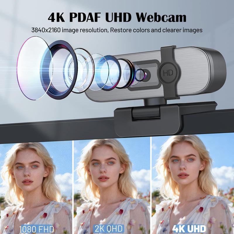 YQE 4K Webcam with Tripod, UHD Web Cam with Microphone, PDAF Autofocus Webcam with Remote Control, Privacy Cover, USB Type-A & A-to-C Adapter Computer Camera for Calling, Zoom/Teams/Facetime/Switch 2 Grey + Black