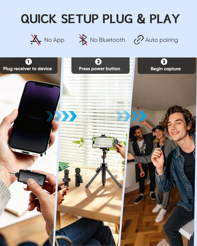 Wireless Microphone for iPhone/iPad, 3-in-1 Bluetooth Lavalier Mic with Noise Reduction, Plug & Play Lapel Clip for TikTok YouTube Podcast Vlog Recording