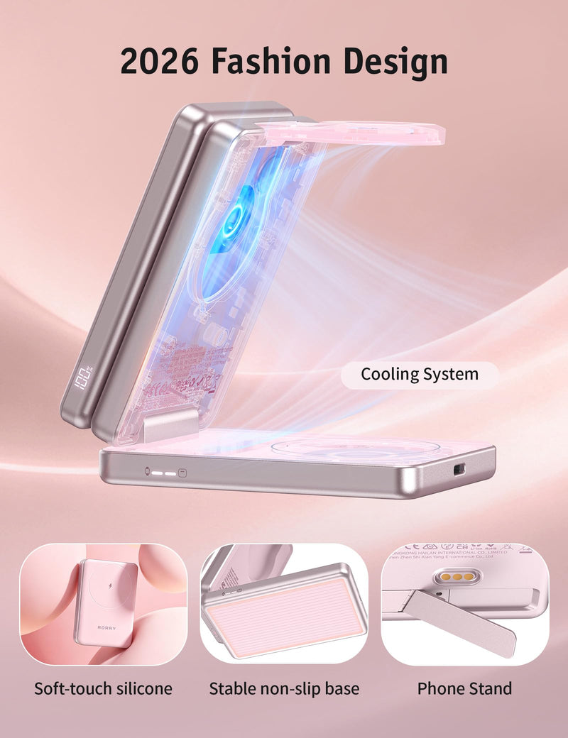 RORRY Auradock iPhone Charging Station 3 in 1 for Apple,10000mAh Power Bank | 30W Wireless Magnetic Fast Charging Station for iPhone/Apple Watch/AirPods with Detachable Magnetic Portable Magsafe Charger pink 10000 mAh