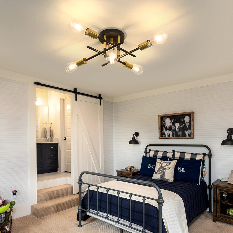 UOFUS Farmhouse 5-Light Semi Flush Mount Ceiling Light Fixture with E26 Modern Matte Black and Gold Chandelier Sputnik Ceiling Lamp for Hallway Kitchen Dining Room Bedroom Study Living Room Bathroom 5 light