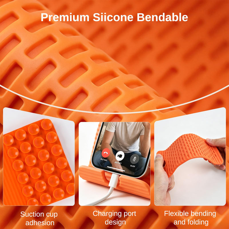 Airplane Phone Holder, Silicone Foldable Phone Stand for Desk and Travel | Bendable Phone Holder for Plane, Desk, Bed and Treadmill Use, Fits Phones and Tablets, with 24 Suction Cups and Charging Port Black