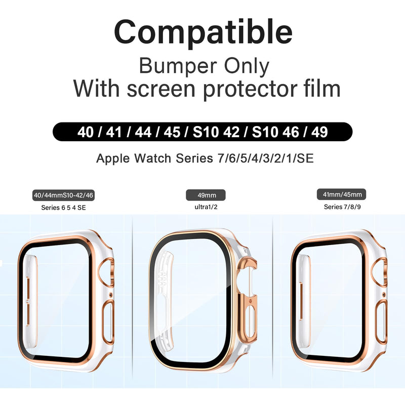 Tempered Glass Screen Protector for Apple Watch case Series SE 11 10 9 8 7 6 5 4 40mm 44mm 41mm 45mm 49mm 42mm 46mm Waterproof Cover PC Protective Bumper for iwatch. (41mm,Black/Gold) Black/Gold
