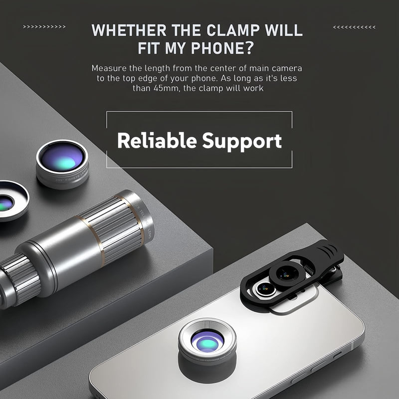 Lens Set for iPhone & Android –22X Telephoto Lens, 0.67X Wide Angle+25X Micro Lens(2-in-1), 205 ° fisheye Lens, Universal Clip, Eyepiece & Carrying Case for Wildlife, Sports & Travel