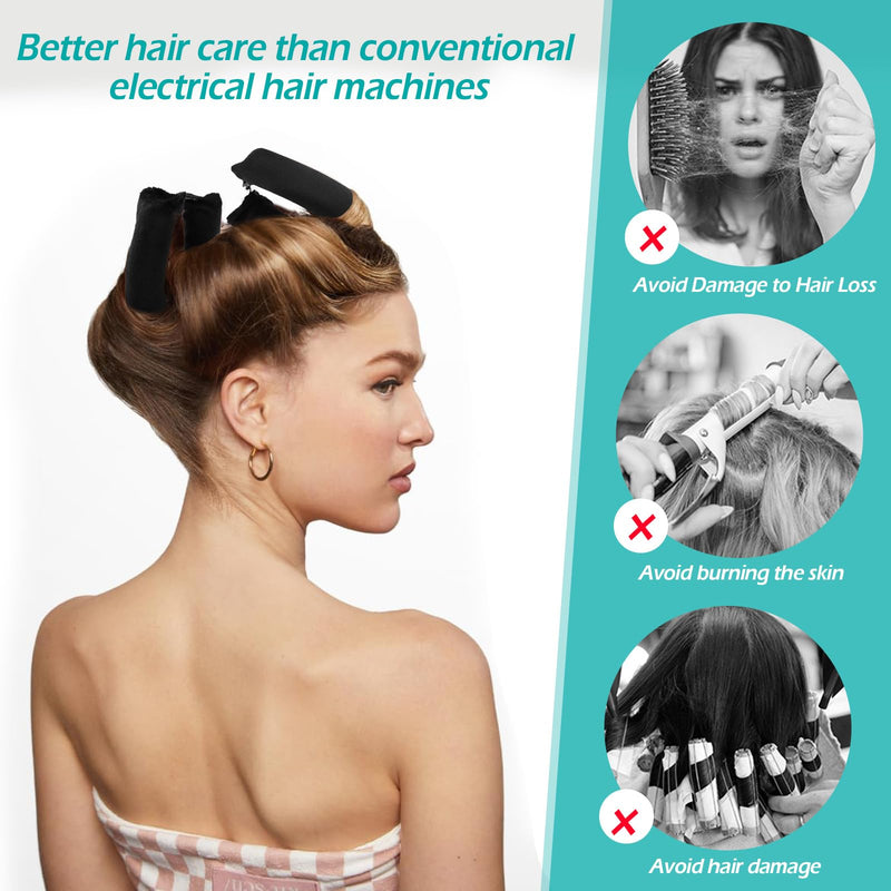  [AUSTRALIA] - Heatless Hair Curler,GeeRic 6 PCS Hair rollers for Overnight Curls, Heatless Curls, Overnight blowout rods with Satin Hairs Scarf and Shower Cap Black