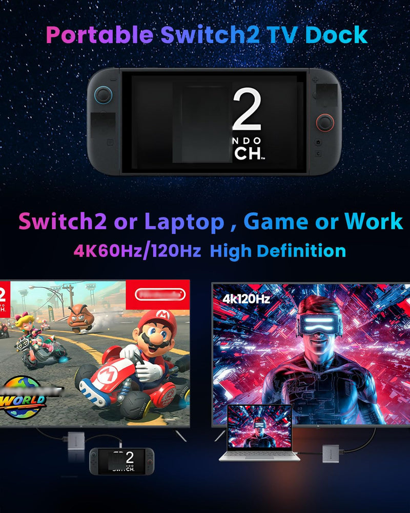 Switch 2 Dock,USB C to Hdmi for Nintendo Switch 2 Docking Station,Switch 2 Portable Dock with HDMI 2.1/PD Port/USB A,Switch 2 TV Dock, Compatible with Nintendo Switch 2 and Laptop USBC HDMI Model 02