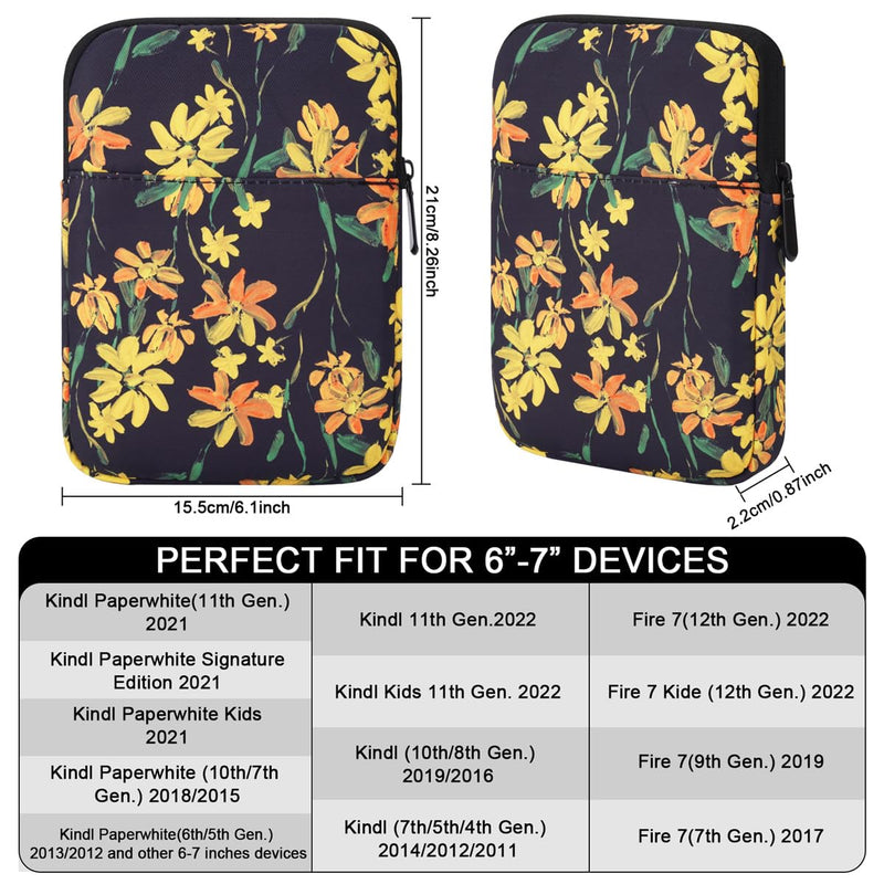 6-7 Inch Sleeve Bag, Protective Nylon Case Cover Compatible with All-New-Kindl/Kids E-Reader Tablet Devices (BLACK FLOWER) BLACK FLOWER