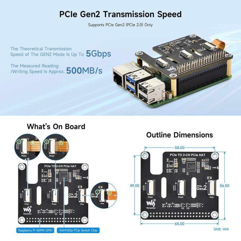 Waveshare 2-Ch PCIe FFC Adapter Board, Compatible with Raspberry Pi 5,Expands The PCIe Interface of The Pi 5 to 2-Ch PCIe FFC Connectors, Supports Stacking Multiple PCIe Hats