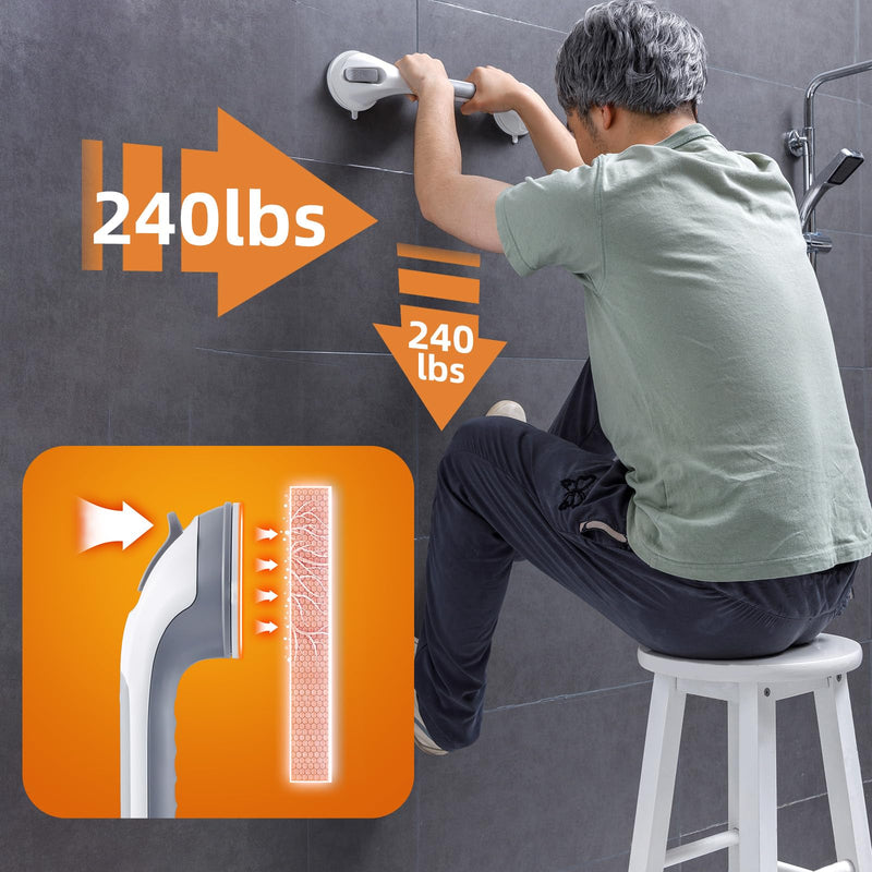 Shower Handle 1 Pack, 17 Inch Grab Bar for Bathtubs and Showers, Strong Suction Cup Safety Handrail for Seniors, Elderly, Injury Recovery, No Drilling Waterproof Bathroom Grip, Grey