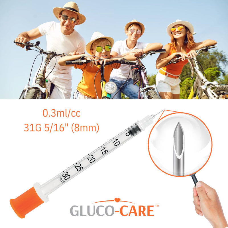 GLUCO-CARE 0.3 ml/cc Syringes 31G x 5/16’’ (8mm), Orange Cap, Box of 100 pcs 0.3ml 31G 5/16"