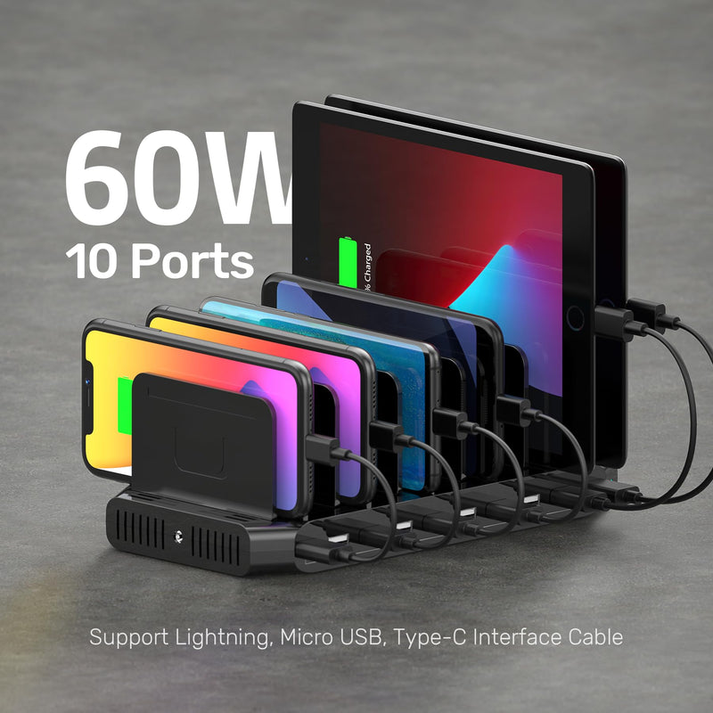 Unitek USB Charging Station, 10 USB Fast Ports Charge Docking Station and Adjustable Dividers, Multi Device Charger Organizer Compatible with iPad, iPhone, Tablet and Cell Phone 60W+10 Port, Black Pack of 1