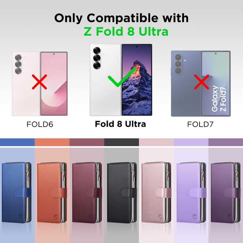 for Samsung Galaxy-Z-Fold-8-Ultra Wallet Case: with RFID Blocking Card Slots (9 Cards) | Soft PU Leather Magnetic Snap Zipper Pocket | Crossbody Wrist Strap Phone Cover - Black