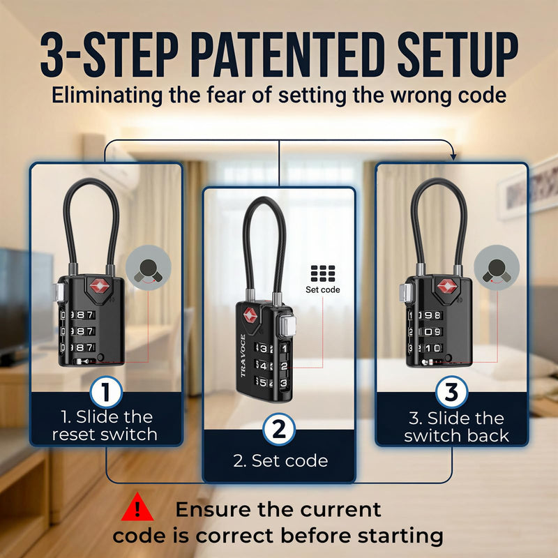 TSA Approved Luggage Locks, Combination Cable Locks, 6 Pack, Black | Search Alert shows TSA key access; resettable 3-digit code and flexible braided steel cable for suitcases and backpacks. 1.4*0.72*3.54 in Black 6 Pack