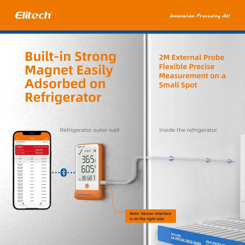 Elitech GSP-6 Bluetooth Data Logger Temperature Humidity for Refrigerator with Shadow Data 100000 Points Export PDF/CSV Report, Pharmacy Vaccine DDL Calibration Certificate, MAX MIN with Dual Probe GSP-6 Series GSP-6-TE/THE 100000Points 1