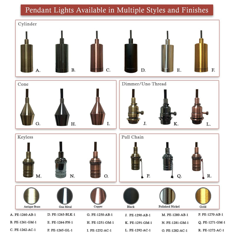 Royal Designs, Inc. Hanging Pendant Lighting Keyless Cylinder-Shaped Pendant Light Socket and Canopy, Gold Finish with Brown Rayon Fabric Cord Cyliner-Shaped / Gold Single