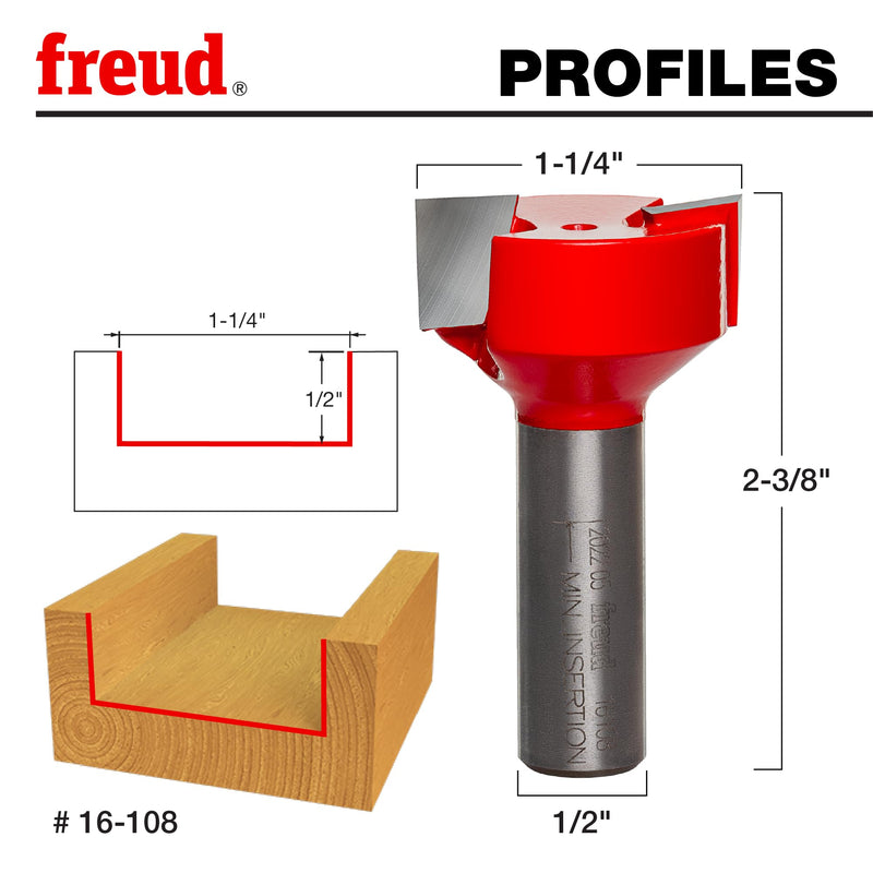 Freud 16-108: 1-1/4" (dia.) Spoilboard Surfacing & Mortising Bit with 1/2" shank, 1/2" carbide height