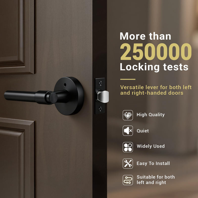 KNOBWELL 1 Pack Black Door Handles for Bedroom Bathroom, Heavy Duty Matte Black Door Knob with Interior Push Button Lock, Unversible Right/Left Handed Levers, Silent Privacy Handle Privacy Lock-1 Pack