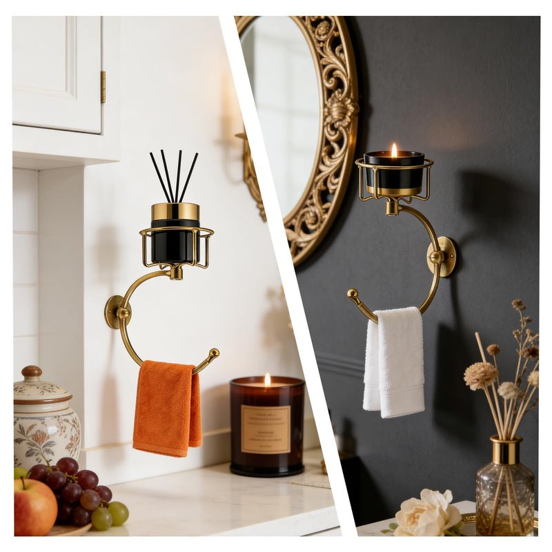 Gold Bathroom Wall Hand Towel Holder with Candle/Aromatherapy Holder, Multi-Functional Gold Wall Hooks,Candle Holders for Bathroom Décor